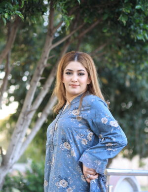 Azure Bloom: Floral Embroidered Denim-Lawn Ensemble